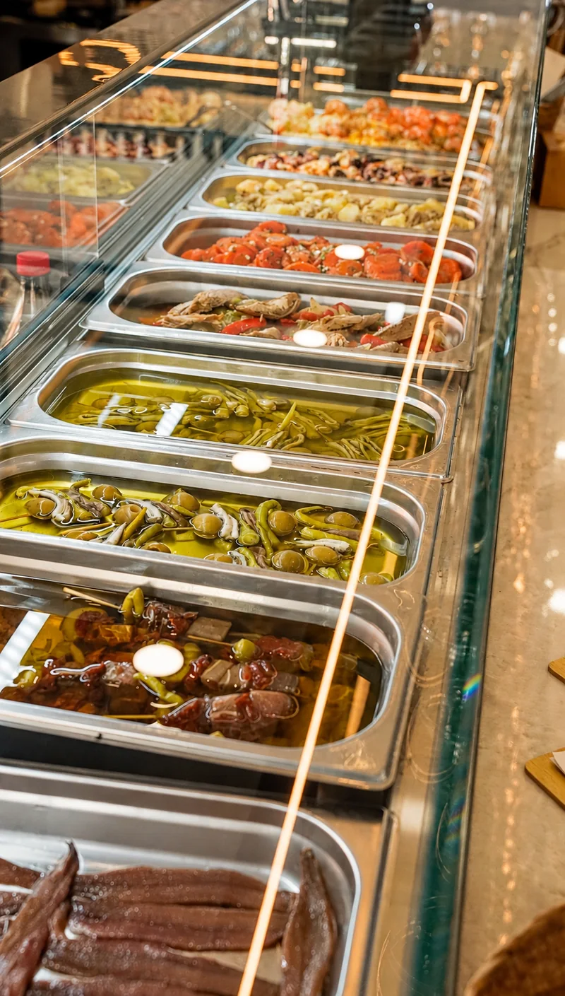 Vitrina de la barra con bandejas de tapas y encurtidos.